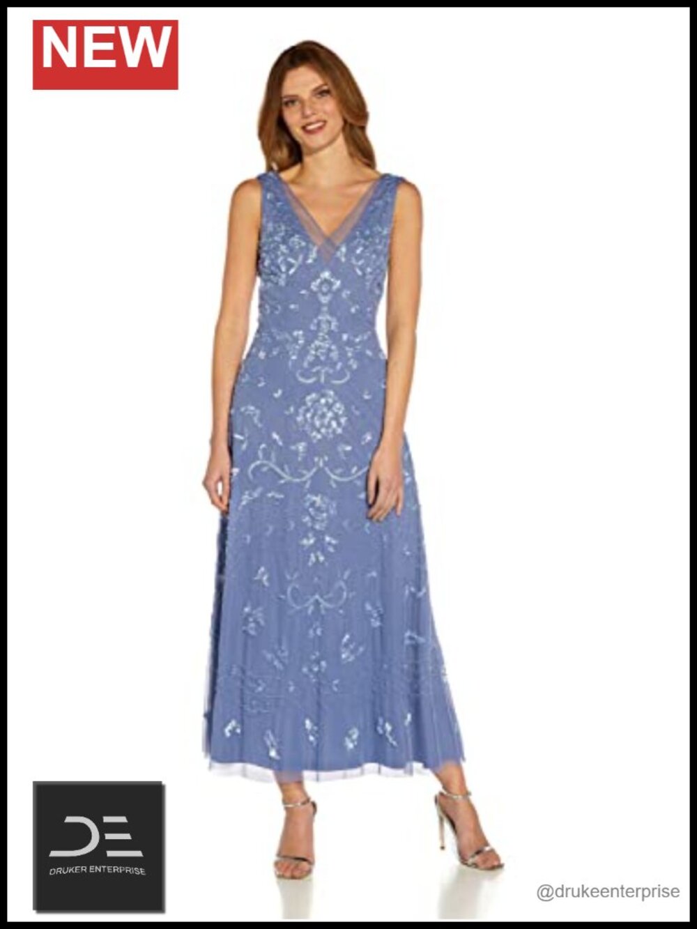 Beaded Ankle Length Formal Evening Dress V-Neck Sleeveless